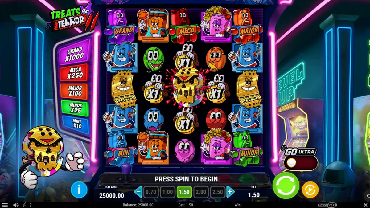Tampilan visual neon arcade dari slot Treats of Terror 2