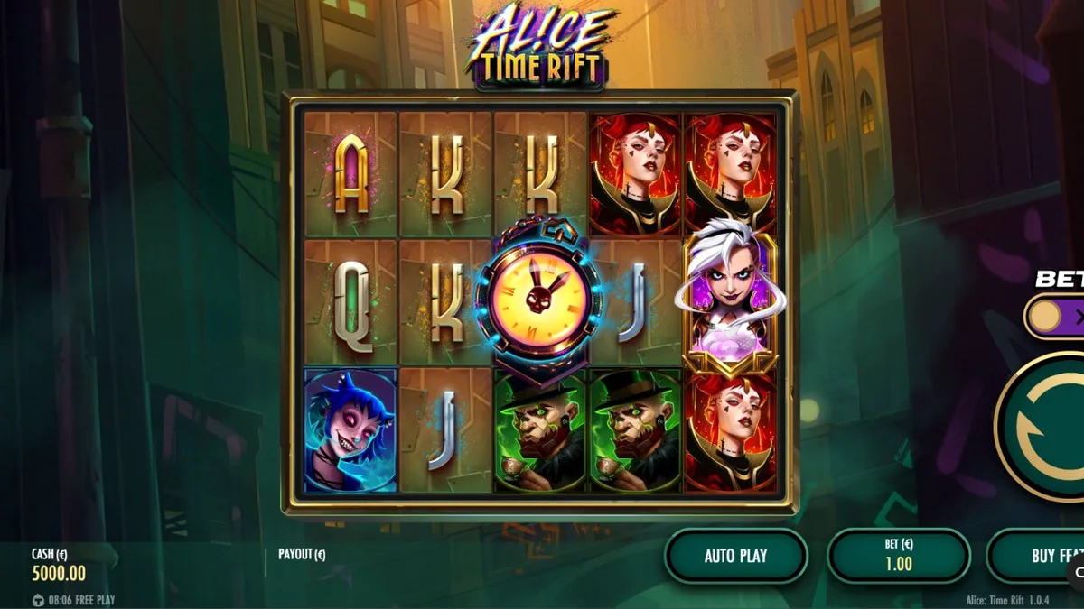 Pemandangan steampunk Wonderland dalam slot Alice: Time Rift