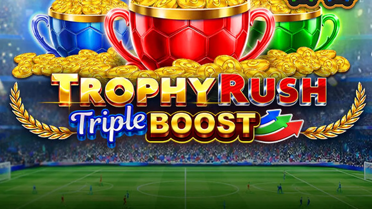 Tampilan visual slot Trophy Rush Triple Boost dengan tema stadion dan koin emas